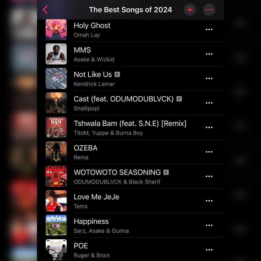 Apple Music Nigeria top songs 2024 rankings